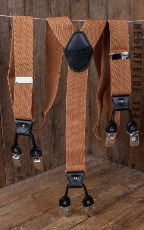 Banned Suspenders with clips and Faux leather insert, light brown