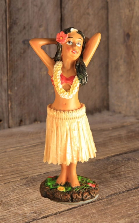 New Hawaiian  Dashboard Hula Doll Dancer Girl Posing Red Skirt 4" tall. 