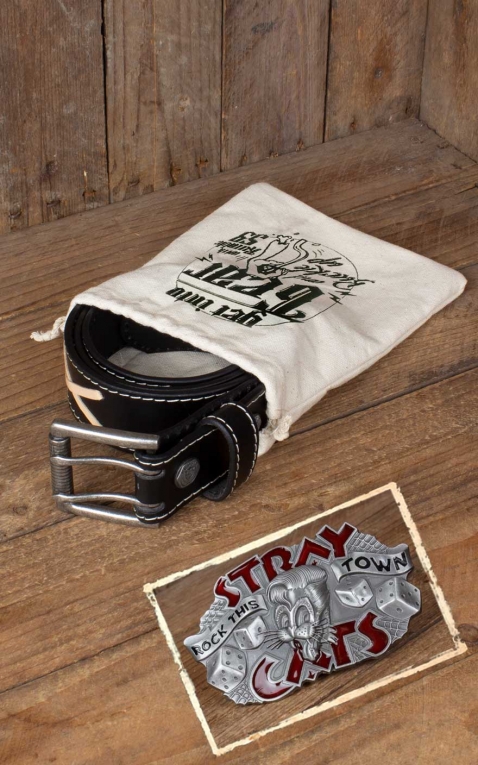 Rumble59 Set Leather belt  Brando black+Buckle Stray Cats - Rock this town