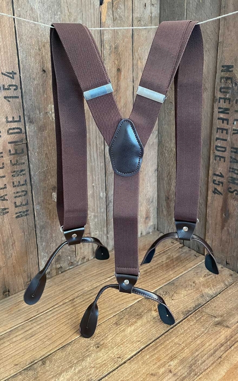 Suspenders with button and leather insert, brown