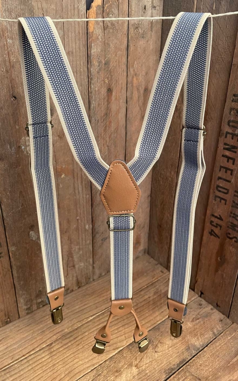 Suspenders with double-clips and leather insert, blue nature