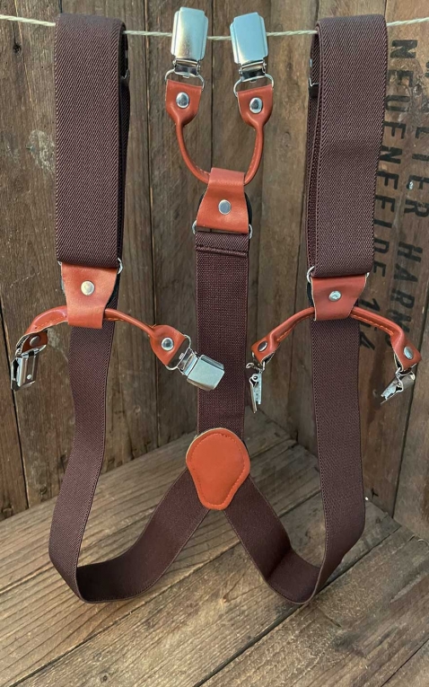 Suspenders with double-clips and leather insert, brown