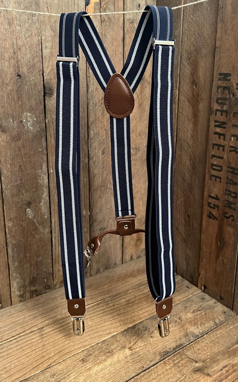 Suspenders with double-clips and leather insert, blue