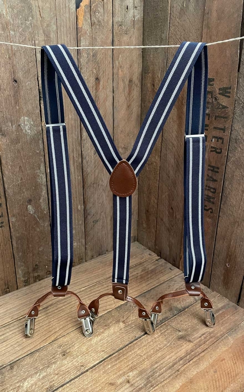 Suspenders with clips and leather insert, Stripes blue white