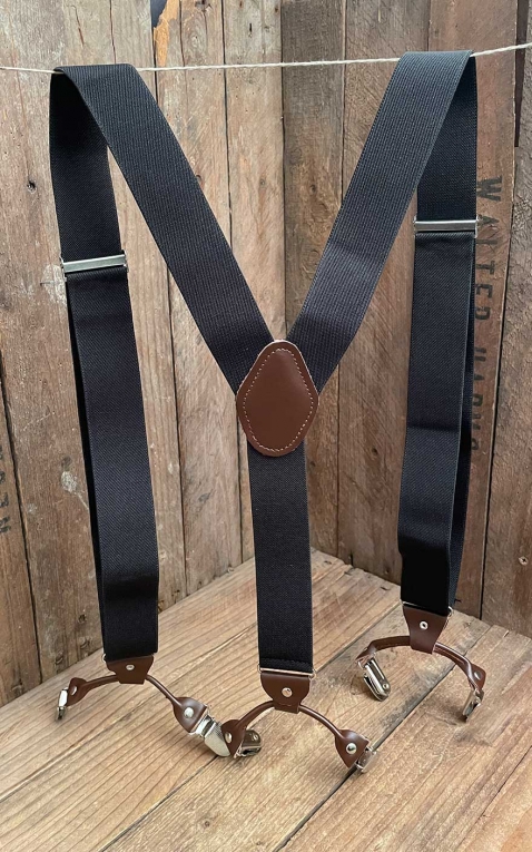 Suspenders with double-clips and leather insert, black brown