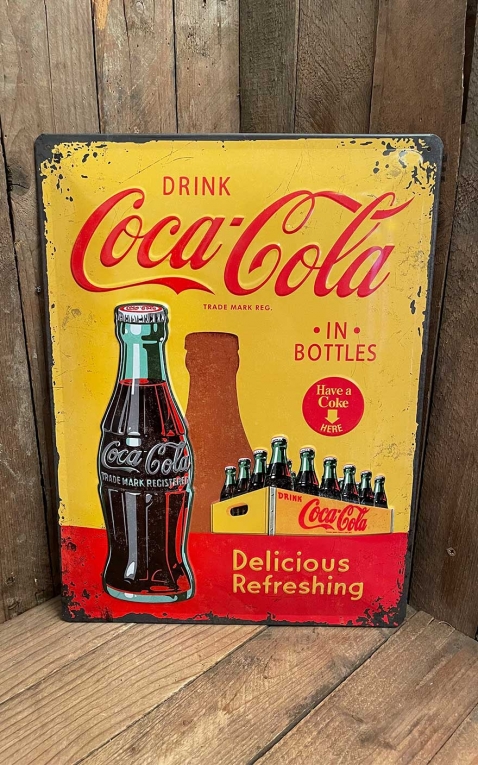Tin plate sign 30 x 40cm Coca-Cola - In Bottles Yellow