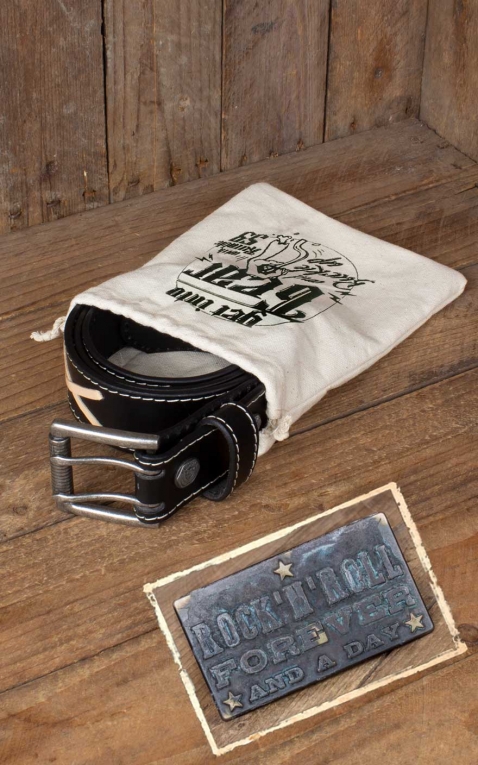 Rumble59 Set Leather belt Brando black + Buckle RocknRoll Forever - Vintage Patina